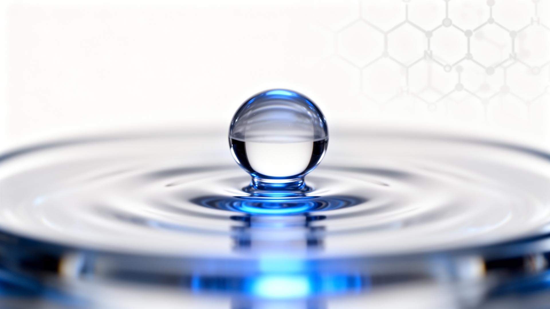 A perfectly formed water droplet illuminated by soft blue light